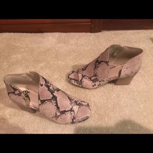 Snakeskin open toe shoe. Size 9.  Worn once